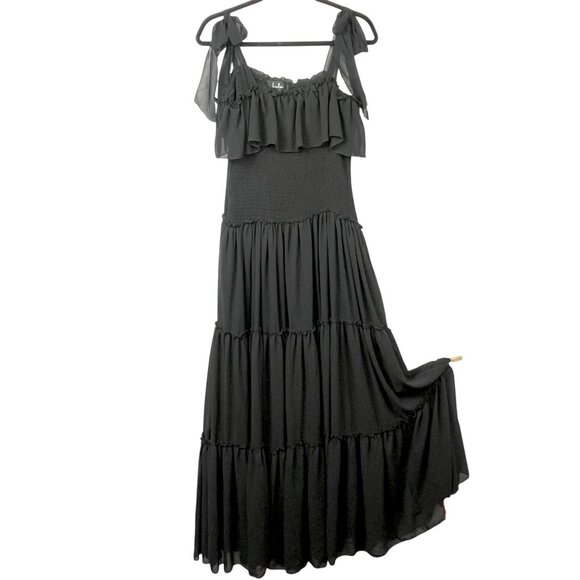 Lulus Tiered Ruffle Maxi Dress Women M Black Smocked Bow Event Party Goth Witchy - Picture 1 of 12